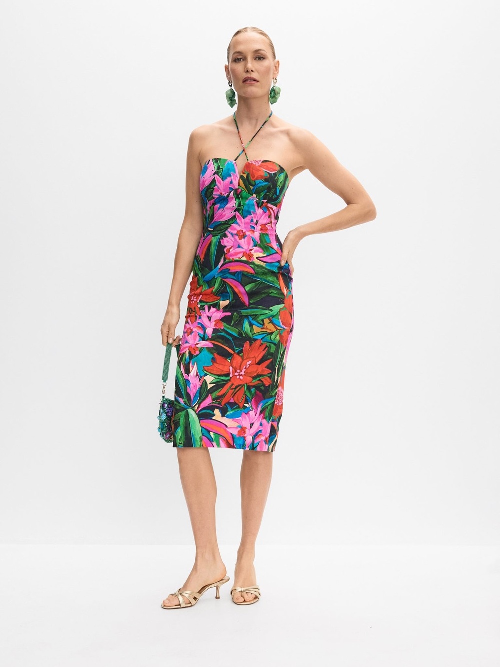 Tropical Strapless Midi Dress in Pink & Green